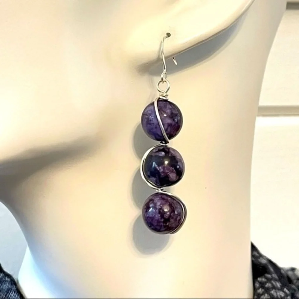 2/$29 Handmade Wire Wrap Purple Round Bead Drop Earrings 2.5” Boho Vacay